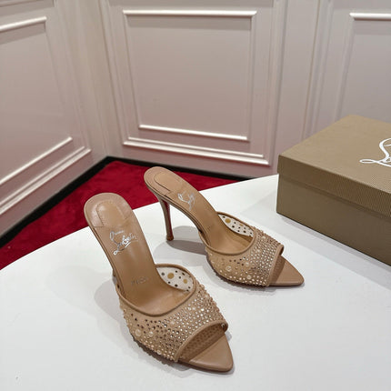CHRISTIAN LOUBOUTIN 26S HEELED SANDALS 100 MM IN BEIGE RHINESTONE MESH STYLE 4