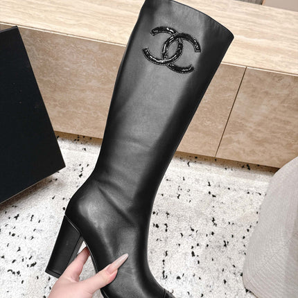 CHANEL 26S KNEE HIGH BOOTS 90 MM IN BLACK CALFSKN AND PATENT