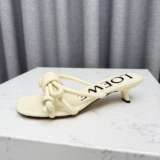 LOEWE 26S KITTEN HEEL KNOT SANDALS 45MM IN CREAM WHITE CALFSKIN