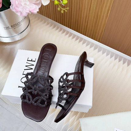 LOEWE 26S PETAL ANAGRAM SLIDE 45MM IN DARK BROWN SOFT CALFSKIN WITH CRYSTALS
