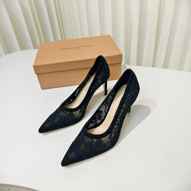 GIANVITO ROSSI 26S HIGH HEELS 85 MM IN BLACK LACE FABRIC