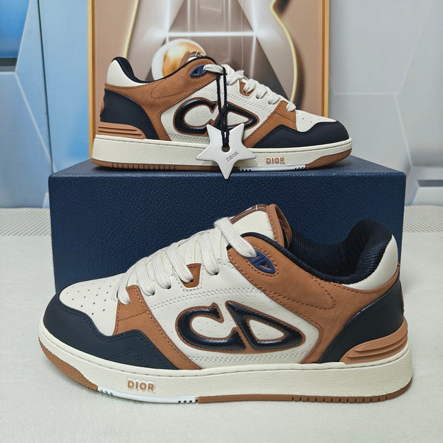 DIOR 26S LOW-TOP SNEAKER IN WHITE & BROWN AND BLACK CALFSKIN