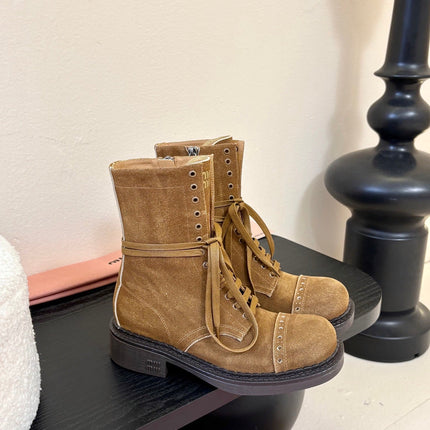 MIUMIU 25S LACED BOOTIES IN CINNAMON BROWN SUEDE