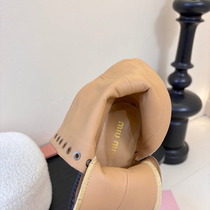 MIUMIU 25S LACED BOOTIES IN CINNAMON BROWN SUEDE