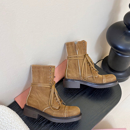 MIUMIU 25S LACED BOOTIES IN CINNAMON BROWN SUEDE