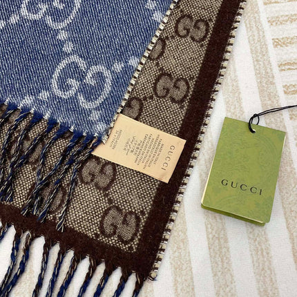 GG JACQUARD WOOL SCARF DENIM BLUE MIX COFFEE BROWN 398286