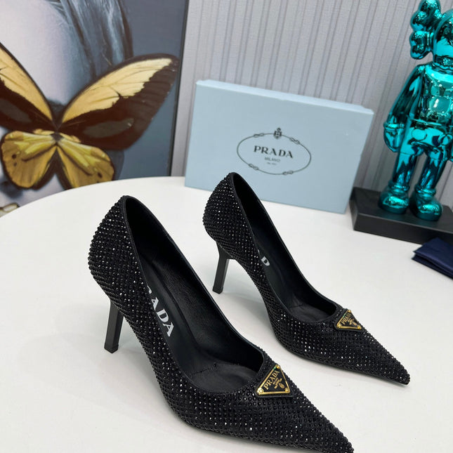 PRADA 26S POINTED TOE PUMPS STILETTO HEEL 80MM IN BLACK CRYSTAL EMBELLISHED