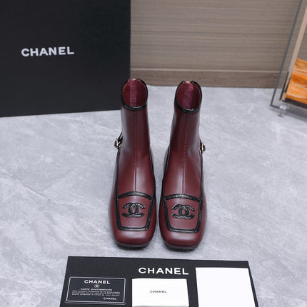 CHANEL 26S ANKLE BOOTS IN BURGUNDY CALFSKIN WITH BLACK PATENT LEATHER TRIM AND CC LOGO ON TOE CAP