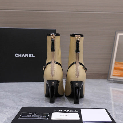 CHANEL 26S ANKLE BOOTS 80 MM IN BEIGE CALFSKIN WITH BLACK PATENT LEATHER TRIM AND CC LOGO ON TOE CAP