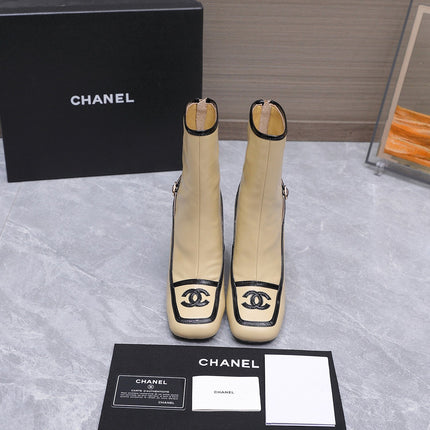 CHANEL 26S ANKLE BOOTS 80 MM IN BEIGE CALFSKIN WITH BLACK PATENT LEATHER TRIM AND CC LOGO ON TOE CAP