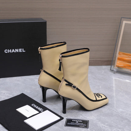 CHANEL 26S ANKLE BOOTS 80 MM IN BEIGE CALFSKIN WITH BLACK PATENT LEATHER TRIM AND CC LOGO ON TOE CAP