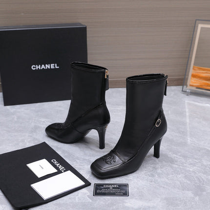 CHANEL 26S ANKLE BOOTS 80 MM IN BLACK CALFSKIN WITH PATENT LEATHER TRIM AND CC LOGO ON TOE CAP