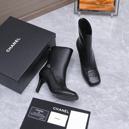 CHANEL 26S ANKLE BOOTS 80 MM IN BLACK CALFSKIN WITH PATENT LEATHER TRIM AND CC LOGO ON TOE CAP