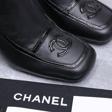 CHANEL 26S ANKLE BOOTS 80 MM IN BLACK CALFSKIN WITH PATENT LEATHER TRIM AND CC LOGO ON TOE CAP