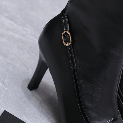 CHANEL 26S ANKLE BOOTS 80 MM IN BLACK CALFSKIN WITH PATENT LEATHER TRIM AND CC LOGO ON TOE CAP