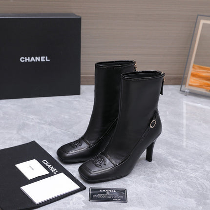 CHANEL 26S ANKLE BOOTS 80 MM IN BLACK CALFSKIN WITH PATENT LEATHER TRIM AND CC LOGO ON TOE CAP