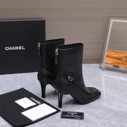 CHANEL 26S ANKLE BOOTS 80 MM IN BLACK CALFSKIN WITH PATENT LEATHER TRIM AND CC LOGO ON TOE CAP