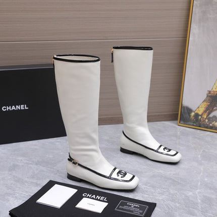 CHANEL 26S KNEE HIGH BOOTS IN WHITE CALFSKIN WITH BLACK PATENT LEATHER TRIM AND CC LOGO ON TOE CAP
