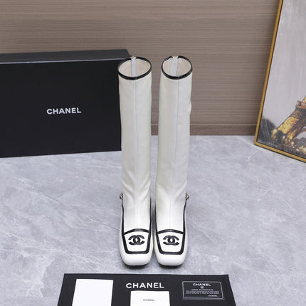 CHANEL 26S KNEE HIGH BOOTS IN WHITE CALFSKIN WITH BLACK PATENT LEATHER TRIM AND CC LOGO ON TOE CAP