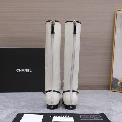 CHANEL 26S KNEE HIGH BOOTS IN WHITE CALFSKIN WITH BLACK PATENT LEATHER TRIM AND CC LOGO ON TOE CAP