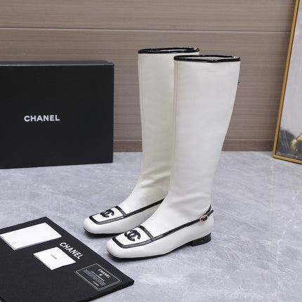 CHANEL 26S KNEE HIGH BOOTS IN WHITE CALFSKIN WITH BLACK PATENT LEATHER TRIM AND CC LOGO ON TOE CAP