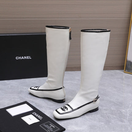 CHANEL 26S KNEE HIGH BOOTS IN WHITE CALFSKIN WITH BLACK PATENT LEATHER TRIM AND CC LOGO ON TOE CAP