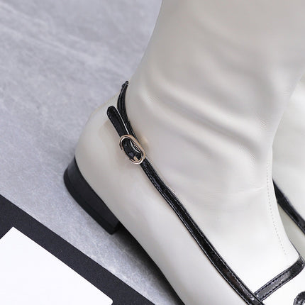 CHANEL 26S KNEE HIGH BOOTS IN WHITE CALFSKIN WITH BLACK PATENT LEATHER TRIM AND CC LOGO ON TOE CAP