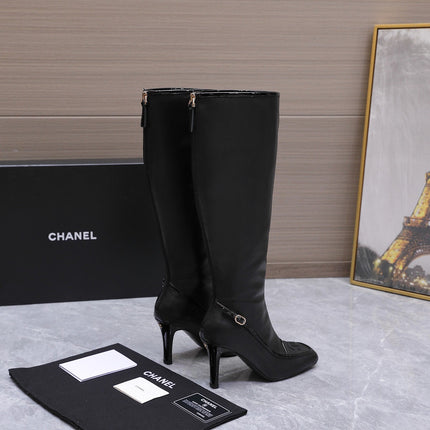 CHANEL 26S KNEE HIGH BOOTS 80 MM  IN BLACK CALFSKIN WITH PATENT LEATHER TRIM AND CC LOGO ON TOE CAP