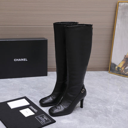 CHANEL 26S KNEE HIGH BOOTS 80 MM  IN BLACK CALFSKIN WITH PATENT LEATHER TRIM AND CC LOGO ON TOE CAP