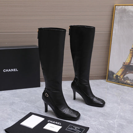 CHANEL 26S KNEE HIGH BOOTS 80 MM  IN BLACK CALFSKIN WITH PATENT LEATHER TRIM AND CC LOGO ON TOE CAP