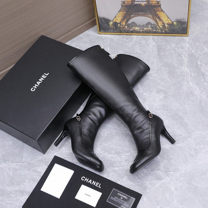CHANEL 26S KNEE HIGH BOOTS 80 MM  IN BLACK CALFSKIN WITH PATENT LEATHER TRIM AND CC LOGO ON TOE CAP