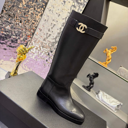 CHANEL 26S KNEE HIGH BOOTS 25 MM IN BLACK CALFSKIN CC LOGO