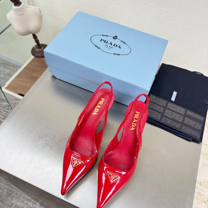 PRADA 26S SLINGBACK POINTED HEELS 75MM IN RED PATENT CALFSKIN