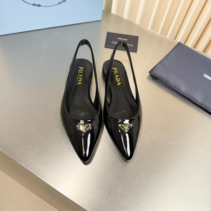 PRADA 26S SLINGBACK FLATS IN BLACK PATENT CALFSKIN WITH GOLD HARDWARE