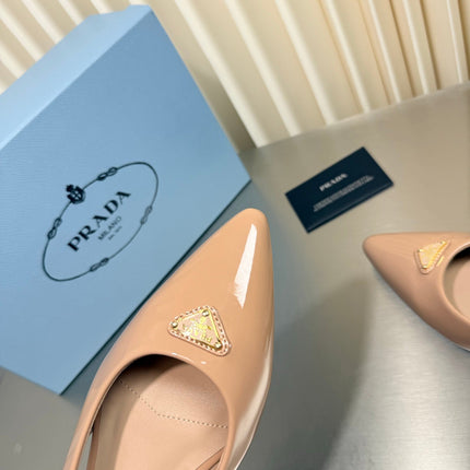 PRADA 26S SLINGBACK FLATS IN BEIGE PATENT CALFSKIN WITH GOLD HARDWARE
