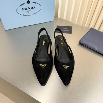 PRADA 26S SLINGBACK FLATS IN BLACK SUEDE WITH GOLD HARDWARE