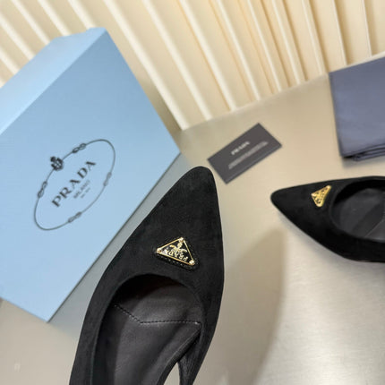 PRADA 26S SLINGBACK FLATS IN BLACK SUEDE WITH GOLD HARDWARE