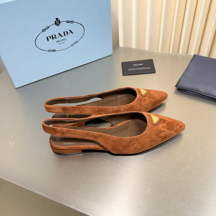 PRADA 26S SLINGBACK FLATS IN COGNAC BROWN SUEDE WITH GOLD HARDWARE