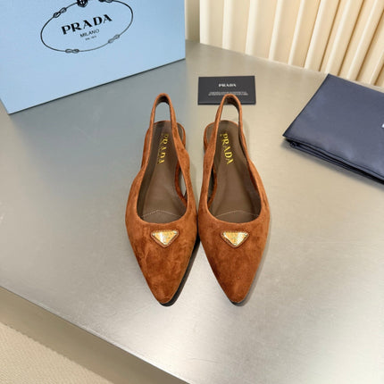PRADA 26S SLINGBACK FLATS IN COGNAC BROWN SUEDE WITH GOLD HARDWARE
