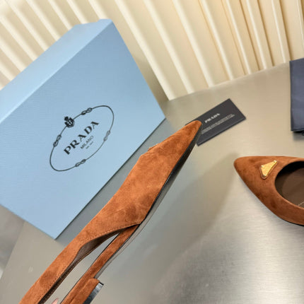 PRADA 26S SLINGBACK FLATS IN COGNAC BROWN SUEDE WITH GOLD HARDWARE