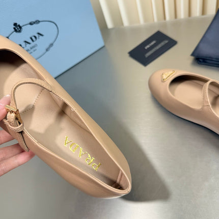 PRADA 26S MARY JANE FLATS IN BEIGE CALFSKIN