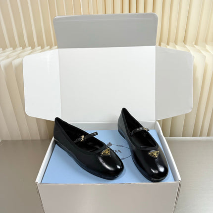 PRADA 26S MARY JANE FLATS IN BLACK SHINY CALFSKIN