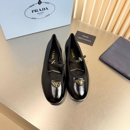 PRADA 26S MARY JANE FLATS IN BLACK SHINY CALFSKIN
