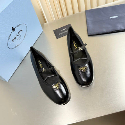 PRADA 26S MARY JANE FLATS IN BLACK SHINY CALFSKIN