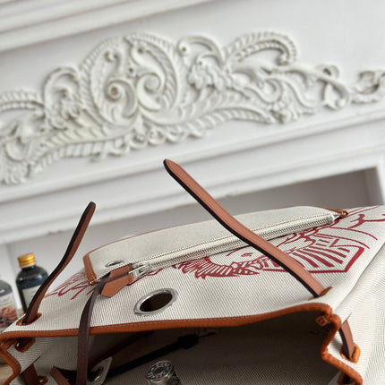 HERBAG ZIP 31 RETOURNE PEGASE POP BAG IN OFF-WHITE MIX RED CANVAS AND HUNTER COWHIDE