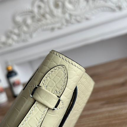HM 25S KELLY MINI 22 CM IN LIGHT KHAKI LAMBSKIN WITH CROCODILE EMBOSSING AND SILVER HARDWARE