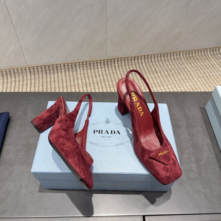 PRADA 26S LOW HEEL SQUARE TOE SLINGBACK SHOES 85MM IN DARK RED SUEDE WITH LOGO