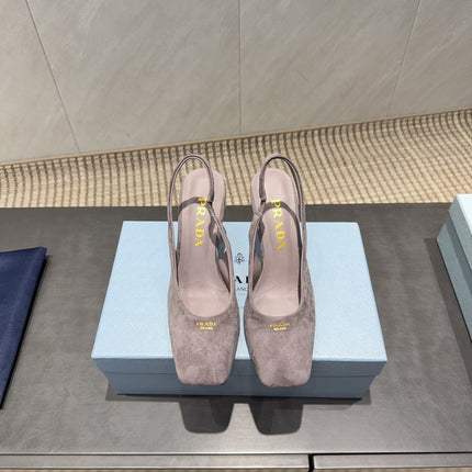 PRADA 26S LOW HEEL SQUARE TOE SLINGBACK SHOES 85MM IN TAUPE BROWN SUEDE