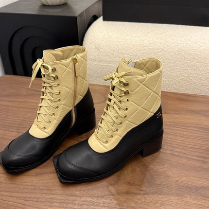 CHANEL 26S LACE UP HIGH TOP BOOTS 45 MM IN BLACK AND BEIGE CALFSKIN
