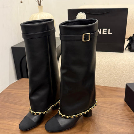 CHANEL 26S TALL BOOTS 60 MM IN BLACK CALFSKIN TALL BOOTS WITH GOLD TONE CHAIN DETAIL